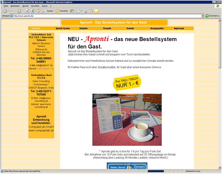 Apronti Pager WebSite aus 2009